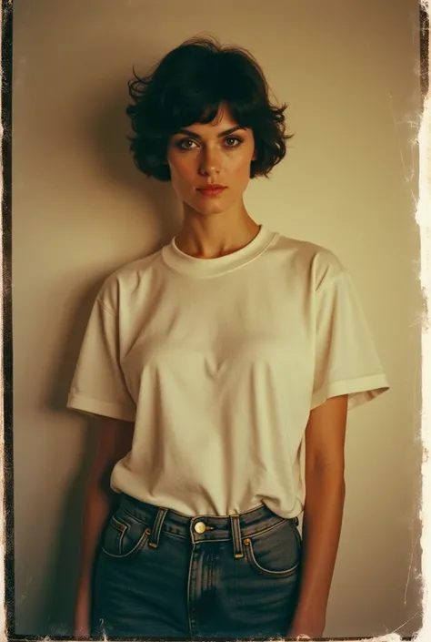 1978 fashion shoot, backlit, Monica Bellucci, short hair, 24mm, flash on, faded scratched polaroid. She wears an oversized white crew neckline short-sleeve T-shirt and dark-washed denim jeans. taken from a front angle. plain wall background