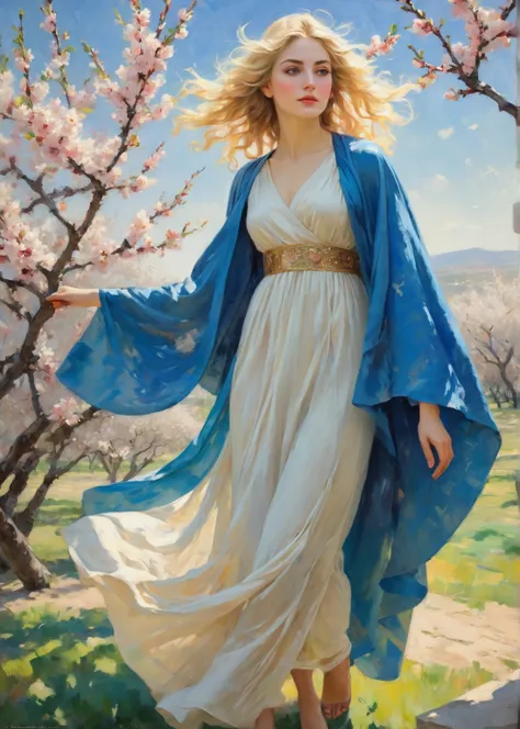 impressionist painting, dynamic Ibasto touch with contrasts, shadows & bright colors, young in ancient Greece, happy in blooming almond & peach trees, blonde hair, expressive touch, correct lighting, colorful dress, blue cloak, sophisticated elegance, dyna...