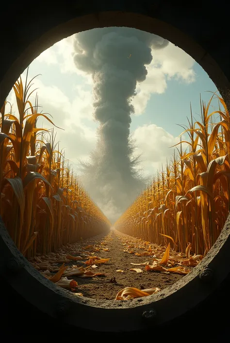 Create a compositional scheme of a cornfield being destroyed
 with a circular shape or composition