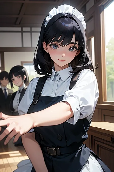 (    highest resolution, Clear_image)   best quality, single, One woman, Alone, masterpiece,     detailed depiction of multiple people having fun together , Semi-realistic,   black hairのショートヘア,   black hair, bangs, 18 years old, Mature, light blue uniform,...