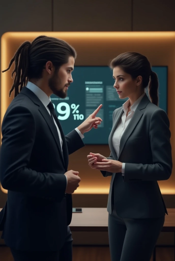 A Young brunette boy with dreadlock financial advisor recommending the best investment option to a client Young woman in a meeting. The advisor should be pointing at a screen displaying the 29% effective annual interest rate, with other options shown faint...