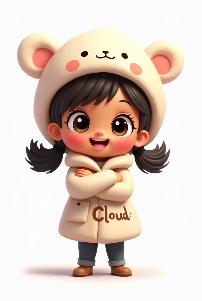  Cute brown girl , chibi style, wearing a cloud cap ,  with a big coat written CLOUD,  with arms crossed , smiling,  white background,  with a happy look ,  WITH A SIGN IN THE CORNER OF HER MOUTH 