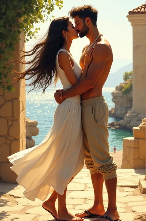 A beautiful Greek girl kissing .  A young man in beige joggers and sandals 