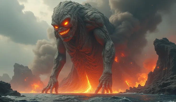 a giant female creature , Made of of of rock,  with eyes and veins made of lava,  on a huge burning island in the middle of the ocean