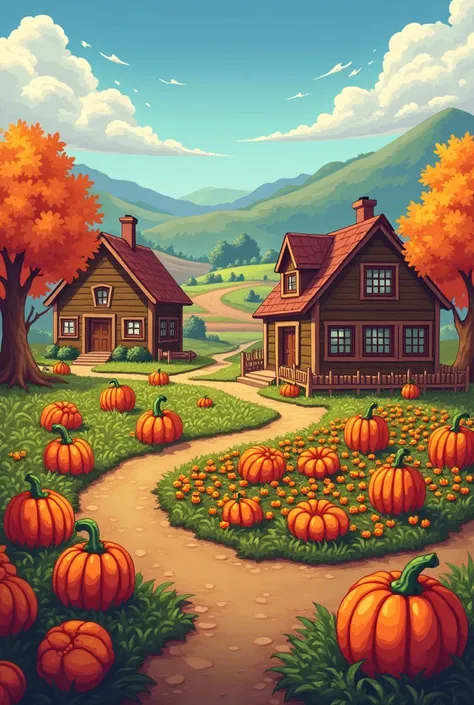 Farm house from strdew valley along side stable . behind that green house from strdew valley.small cabin Infront of house. Crop field  9 pumpkins only and a dog near it.Make fall season.Pixel style like strdew vibe.