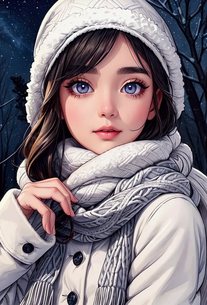  Beautiful detailed eyes ,  beautiful detailed lips ,  very detailed eyes and face ,  long lashes, 1 girl,  winter hat , winter scarf , winter, Drawing of a girl, winter,  snow , snowy landscape, pine trees, night sky, идет  snow 