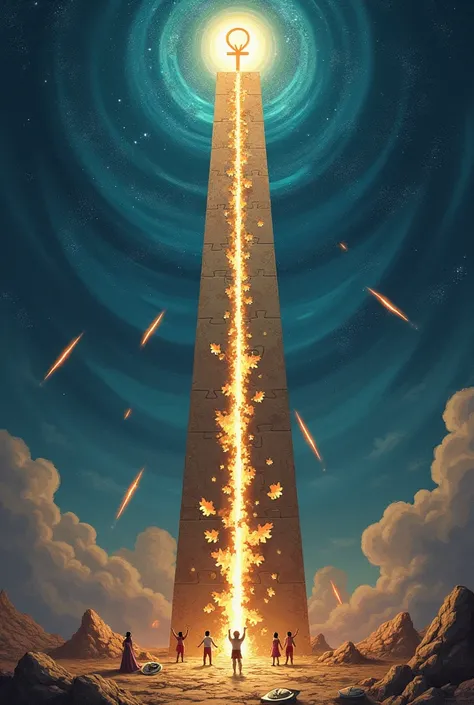 Create a 2d art composition painting of A towering obelisk that stretches endlessly into a swirling, star-filled sky. Its surface is made of interlocking puzzle pieces, with some floating away, revealing glowing energy inside. At its peak is a radiant ankh...