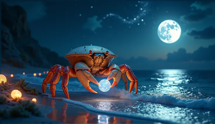 Main Scene Description
A colossal, majestic crab stands on a shimmering ocean shore under the glow of a full moon. Its shell is adorned with intricate glowing runes, and its claws hold radiant pearls that seem to pulse with magical light. Above the crab, a...