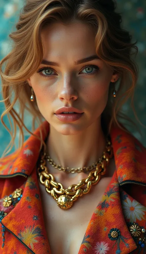 a close up of a woman with a necklace and a jacket, jessica chastain, photo from vogue magazine, photoshoot for vogue magazine, from vogue magazine, chaumet style, inspired by Kaja Foglio, inspired by Evert Collier, evan rachel wood, wearing a gold chain, ...