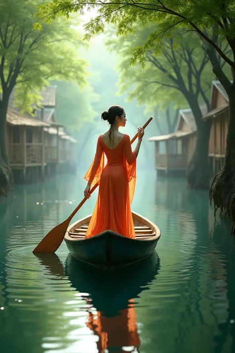 a beautiful girl in a long Vietnamese dress sitting on a canoe paddling in the mangrove forest in Tan Lap floating village in Long An province