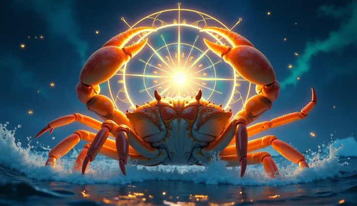 Main Scene Description
A magnificent crab emerges from the ocean, its massive claws glowing with golden energy. Its shell gleams with celestial patterns that shift and sparkle as it moves. Behind it, the sky is alive with the Cancer zodiac wheel, spinning ...