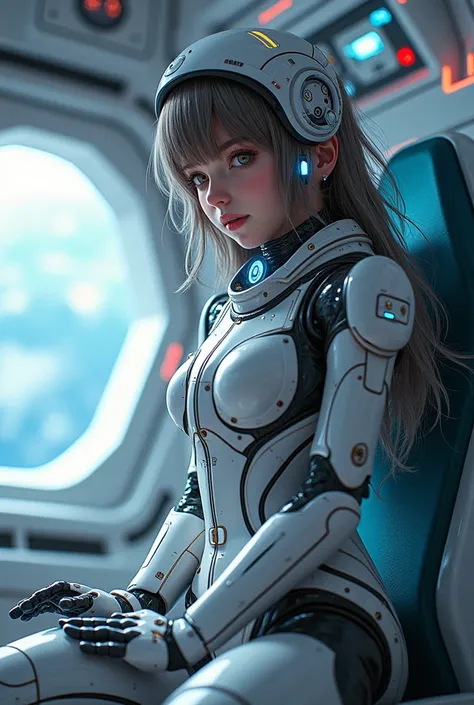 Anime girl in a robotic space suit sitting on a space shuttle