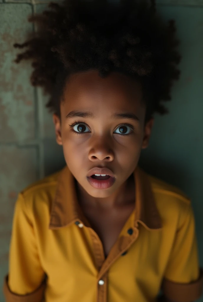 Light skin teenage girl in a yellow and brown school uniform with scared face. Hair in Afro. 
