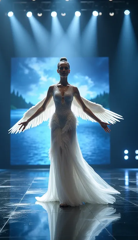 An enchanting anthropomorphic hybrid of a graceful woman and a swan, performing on the iconic Americas Got Talent stage. She has human features with soft, bird-like accents, such as a delicate white beak and subtle feathers framing her face. She wears a fl...