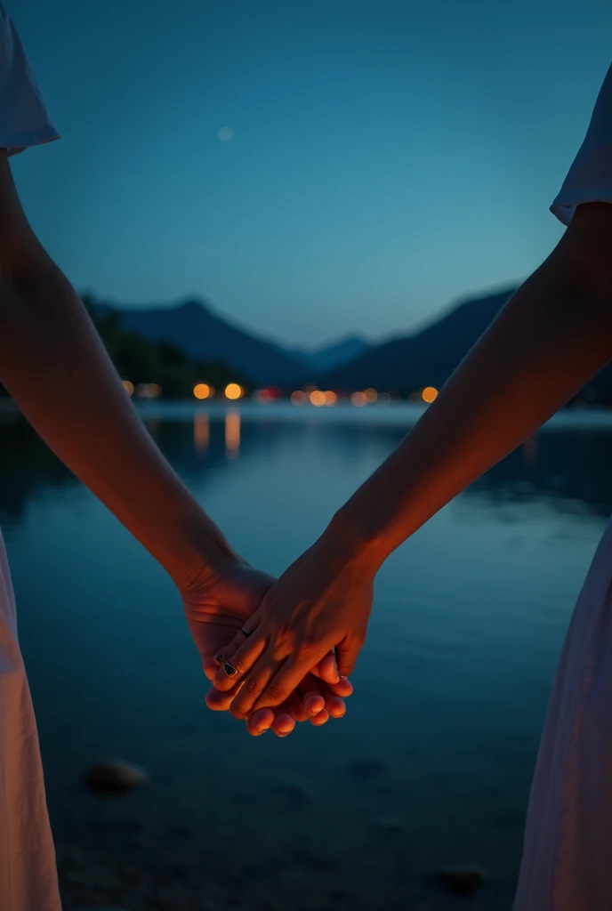 2 arms (1 of a man and 1 of a woman )  from left to middle and from right to middle ,  both hold hands in the middle .  the womans hand wears a simple black ring .  Both have white clothes illuminated by the soft light of a quiet night, in the background t...