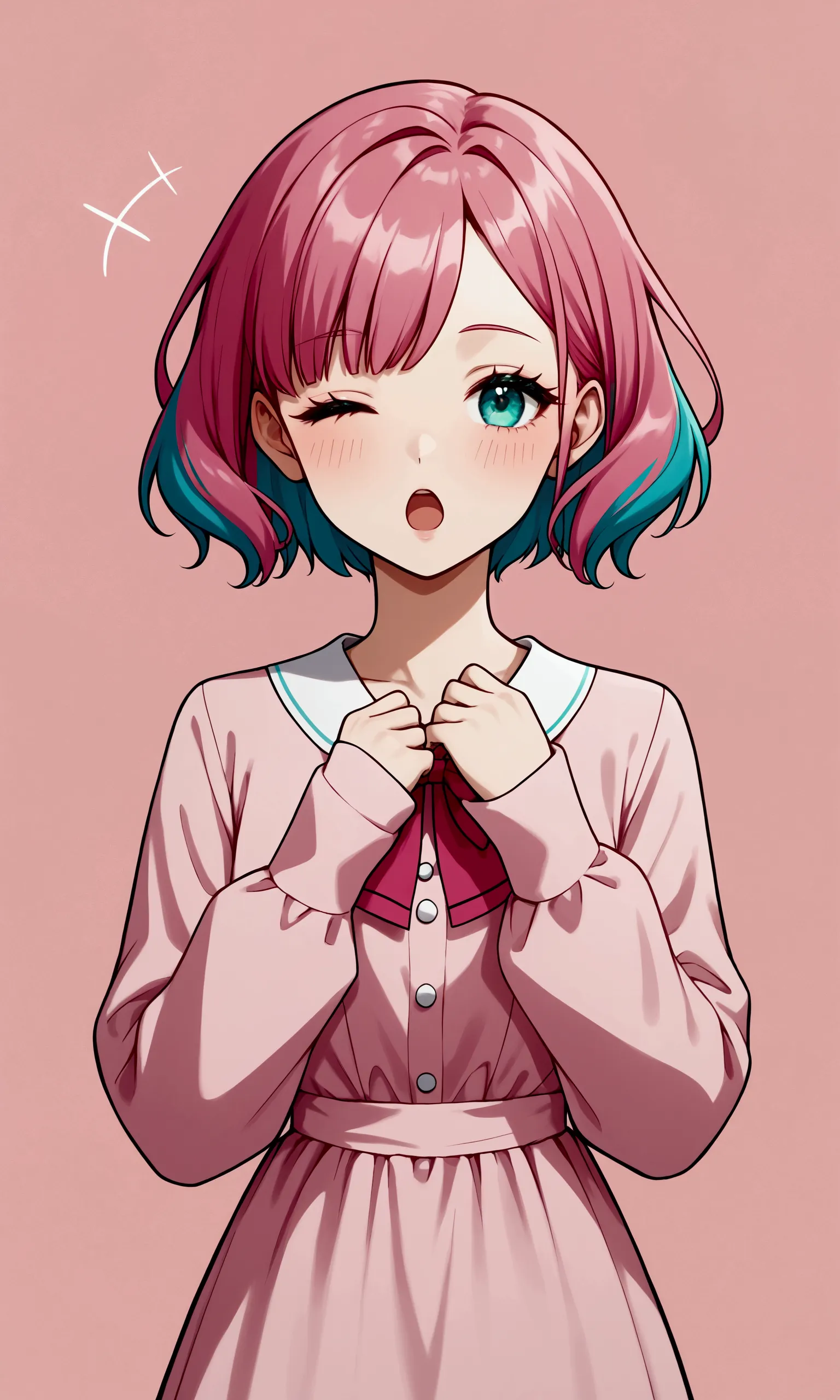 think eyelashes, pink hair teal highlights, winking, open mouth, pink dress, bow, short hair, long sleeves, pink background