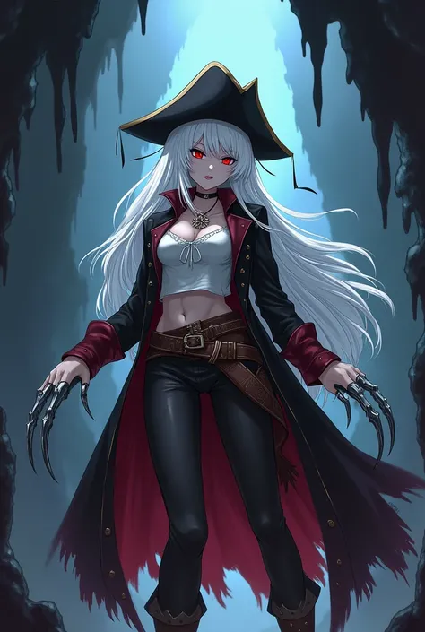 white-haired vampire with red eyes and dressed as a pirate with metal claws in her hand inside a cave and in anime style