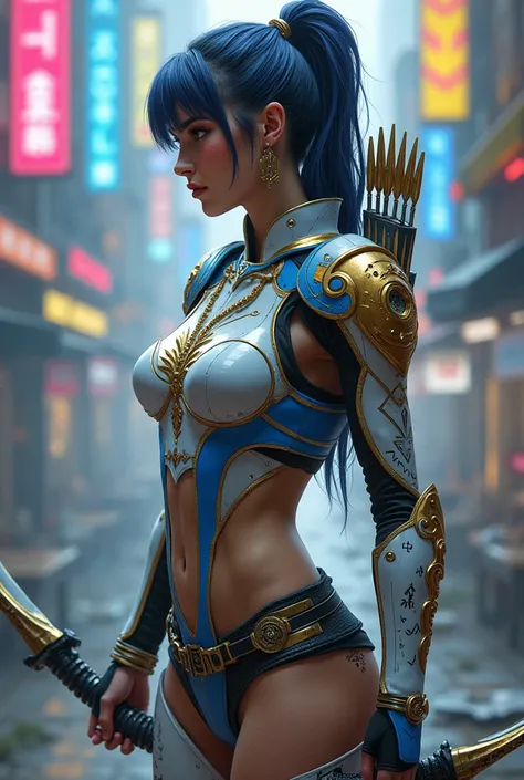 Archer cyberpunk style in a white, blue and gold armored... girl almost naked and had battle damage mark in the body