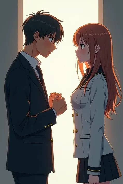 Aesthetic anime style in which a an angry man  and cute woman are standing opposite to each other in uniforms