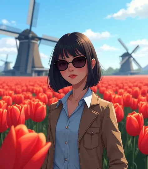 Woman 35 years, strong look good, blunt bob cut hair, high resolution , looking at the viewer, wearing sunglasses neatly shirt and jacket , thin smile , standing in front of red tulips garden, windmills, bright  blue sky, morning atmosphere 