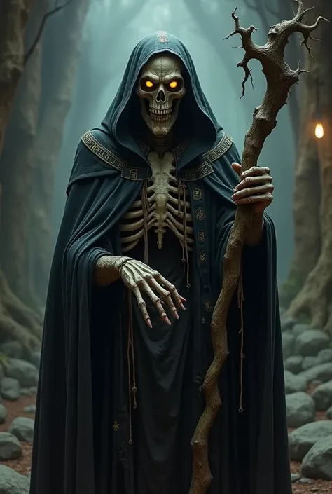 a wizard lich ,  full body ,  mummified face ,  yellow eyes , black cloak.  Wizard Style Wizard Style ,  with an evil staff.  RPG style,  Dungeons and Dragons ,  8k - REALISTIC PHOTO 