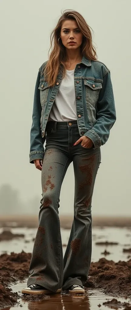 90s vintage glamour magazine setting, flared tight dirty mud-covered jeans and  tight dirty mud-covered denim jacket and t-shirt, woman drowning deep in mud,void background, attention-grabbing, sensation, abstract background, artistic posing, muddy sneaker...