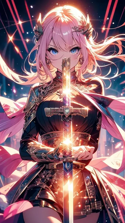 masterpiece、( best quality:1.5),  super quality , 32K, (4D:1.5)、3d、(((dynamic pose hand holding a sword gripping sword in hand)))、aiming a sword at point of view、with shining in pink lines were shiny and luminous、with a lightning pattern、fantasy art style、...