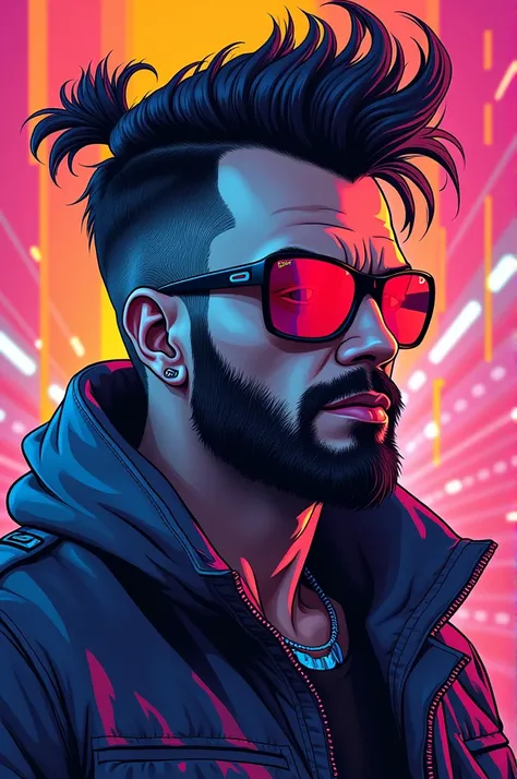 A man with a beard and sunglasses, Cyberpunk art of a, funk art, Stunning gradient colors, stylized portrait h 704, Pompadour, twitch streamer, cool colours. insanely details, T-800, No watermark signature, plethora of colors, outrun