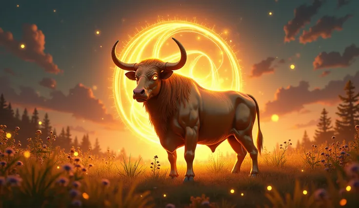 Main Scene Description
A massive golden bull stands proudly in the center of a lush meadow under a glowing twilight sky. Its shimmering coat radiates golden light, and its eyes glow faintly with warmth and power. The bulls horns are adorned with magical ru...