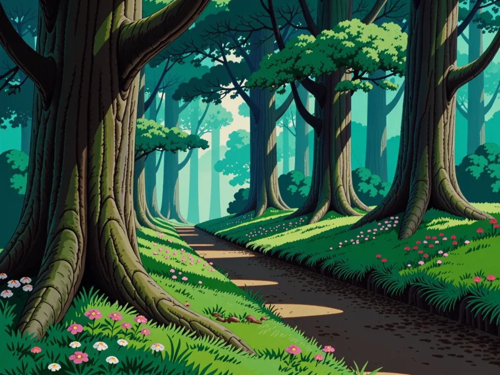 create a fantastical forest scene in the style of studio ghibli, with a nostalgic and comforting atmosphere. the forest is dense...