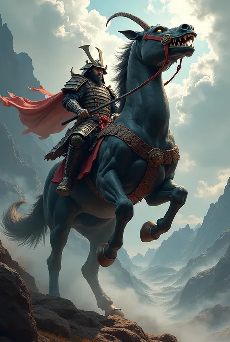 A samurai riding on top of an ultra realistic beast