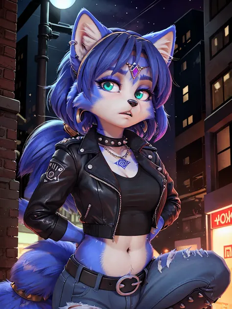 a picture of ((krystal)), Star Fox-Krystal, lovable, green eyes, ((( long blue hair 1 .3))), Decollete, anthro, Fuzzy,  detailed Fluffys fell,  detailed face, (Fluffy),  1 girl, Alone,punk hair,Goth-Stil)),dunkles Make-up, wild expression ,wild hair,Earrin...