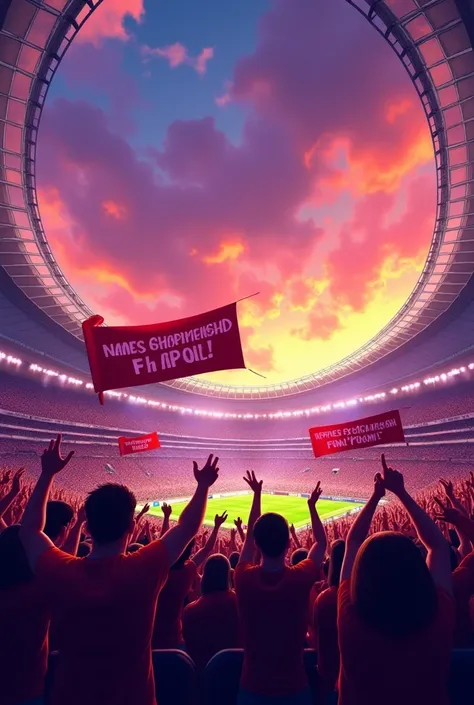 The atmosphere of the football stadium is a combination of a little purple and a lot of orange with cheering banners on which the name of the final is written.