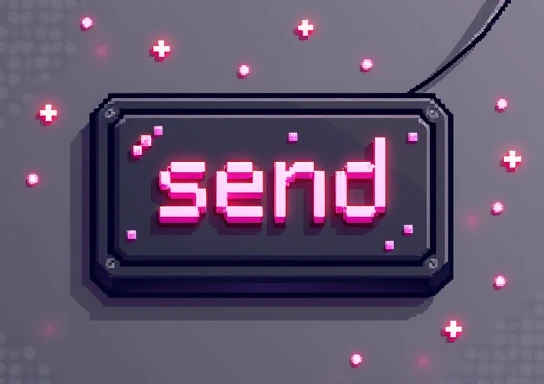  style a rectangular button that says SEND , in dark color with pink sparkles pixel art style 