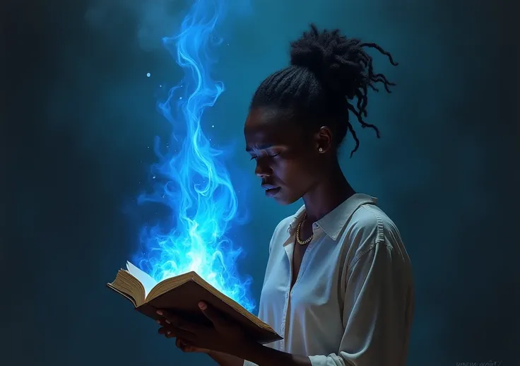 The young African woman, in despair, burns the manuscript in a bright, blue flame. The shadows around her swirl and disappear with a piercing cry