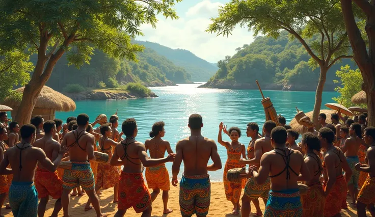 
A vibrant African village celebrating by the restored river. Villagers dressed in colorful traditional attire dance, play drums, and feast. The river sparkles in the background, surrounded by lush greenery."

General another one 
