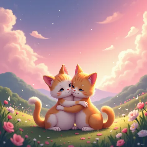 TWO CATS HUGGING EACH OTHER IN A LANDSCAPE WITH ANIME SKY