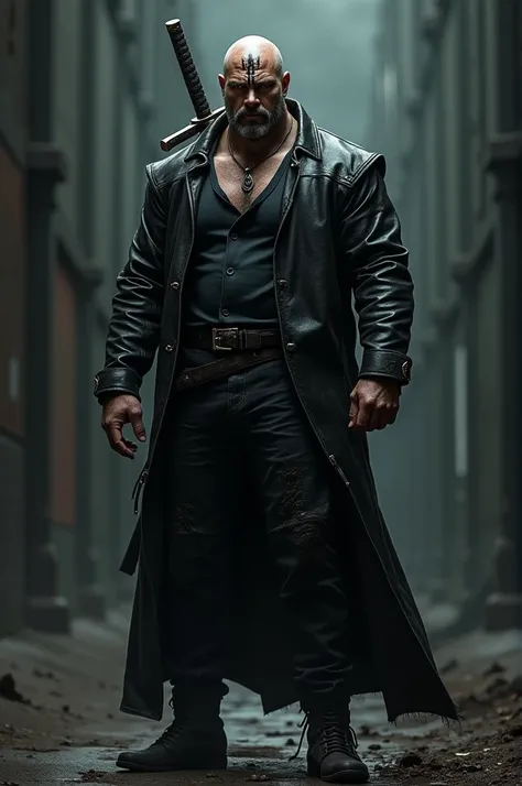  Create a tall guy in a leather jacket with a katana hanging around his back and with a marking 