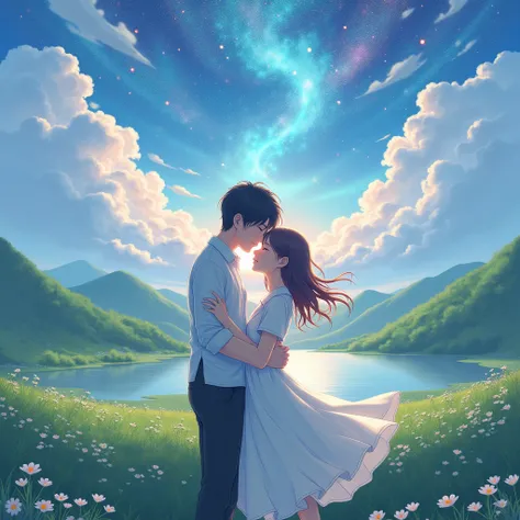 TWO PEOPLE EMBRACING IN A LANDSCAPE WITH ANIME SKY