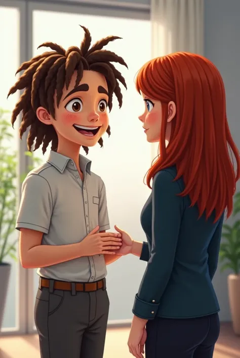 A realíistic Young brunette boy With dradlock greeting to client woman Red Hair