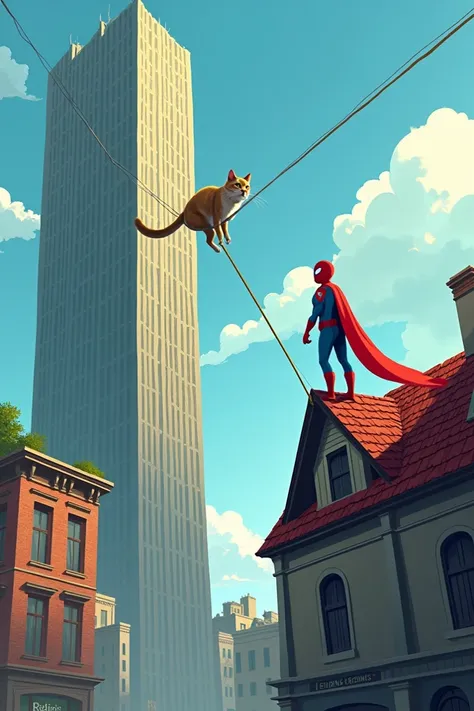  help me by illustrating this scene ;
 A superhero is on top of a building 12 meters high .  A cat is trapped on the roof of a nearby house ,  9 meters horizontally from the base of the building .  If the superhero uses his rope to slide directly from the ...