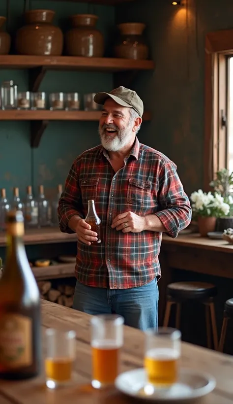  A rustic and simple bar , with a wooden table full of scattered cachaça and flour glasses and a middle-aged man,  in a plaid shirt and cap ,  laughs carefree with a bottle in his hand .