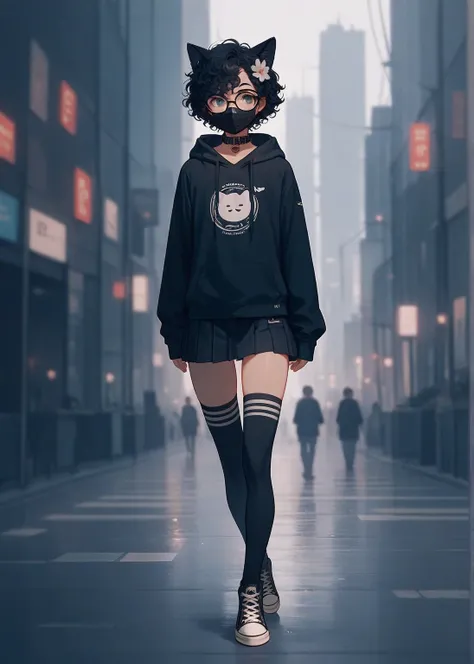 Young boy, boy, feet focus, thigh highs, thigh highs with 2 stripes on top, solo,cat ears,standing,legs,hoodie, no muscles, collar, short skirt, walking in the city, converse shoes, black hair, solid black facemask, no colors other than black on facemask, ...