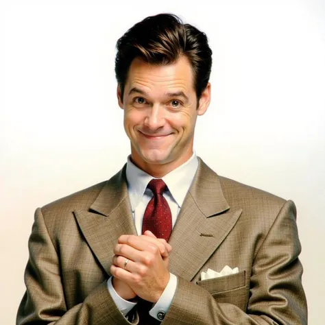 mrygp, A portrait of Jim Carrey as his character from the movie Liar Liar. He is dressed in a light brown suit with a white shirt and a deep red tie, his hair neatly combed back. With his signature playful smirk and raised eyebrows, he exudes the quirky ch...