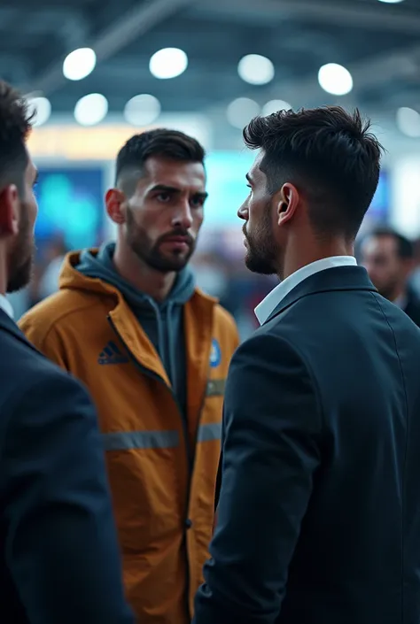 The Tech Engineers Look on in Confusion

Setting: The expo hall with engineers looking at Messi and Ronaldo.

Mood: Confused, curious.

Details: The engineers stare at the two footballers, who have just returned from an unbelievable adventure.


