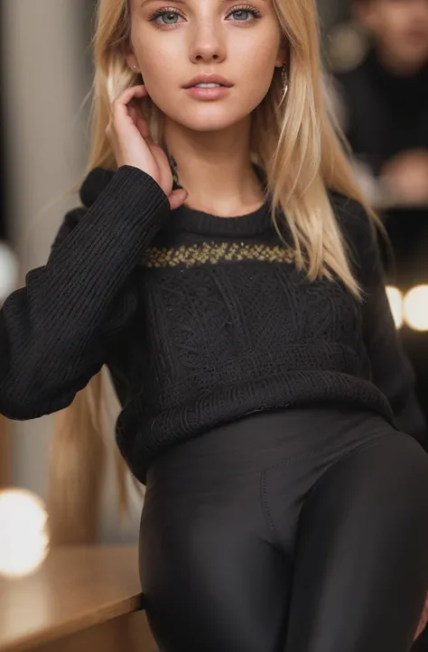 (CINEMATIC SHOT:1.4)(Packed College Study Hall:1.4) (The 21 year old, Blonde College Girl)  (Black Leggings and a Sweater:1.4)((Photo Focus, DOF, Aperture, insanely detailed and intricate, character, hypermaximalist, elegant, ornate, beautiful, exotic, rev...