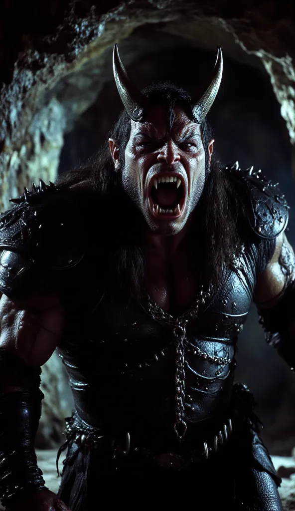 dvd screengrab from a 20th century fantasy movie, a giant demon ork with horns and large fangs in the dungeon of an ancient cast...