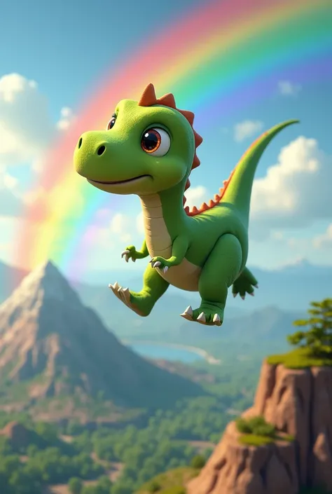  create an image with this text . dino.  He was a green and friendly dinosaur ,  with big curious eyes and a tail that always moved from side to side 
 With his new ability, dino voló por el aire,  and saw something incredible from above :  a great rainbow...