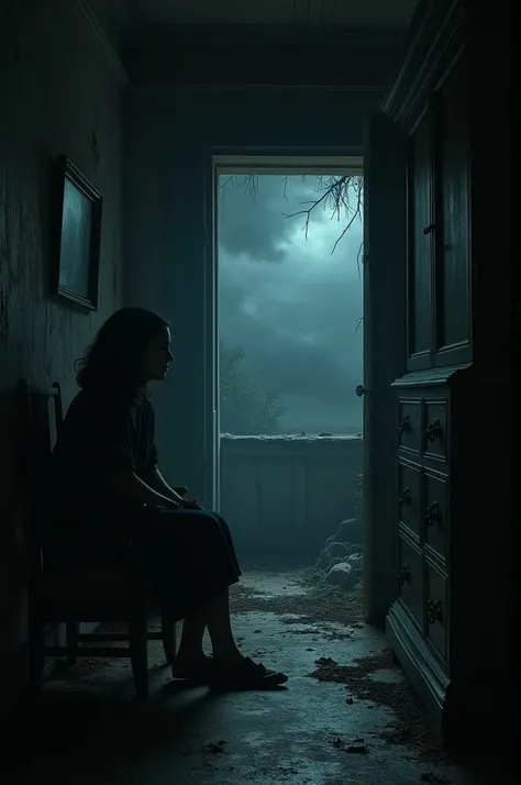 An old, dilapidated house with thunder, with a view of Emily sitting in a dark room. The walls are lined with antique furniture, and the attic door slides easily into the background.