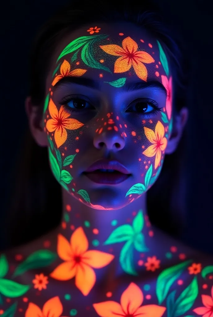 ((portrait of a girl with ultraviolet light on her face: 1.24)), (1 girl: 1.3, 18 years old), ((perfect hands: 1.2)), ((perfect female body: 1.4)), cute girl, ((extremely detailed colorful super fluorescent photo of hyper realistic art Wonderful, intricate (colorful fluorescent))), Photorealistic realism 32K quality, fashion supermodel, (Glamour, paparazzi taking pictures of her), (beautiful slim sharp face), (((Hyper absurd details of perfectly round realistic brown eyes: 1.3) in Ultra absurd quality and resolution)), ((Ultra sharp eyes, clear absurd quality, not blurry)), ((well detailed pupils: 1.4)), pink makeup: 1.2, blue eyeliner: 1.13, red lipstick: 1.4, (eye shadows (Perfect Dark: 1.35), (Detailed Nose: 1.2), Intricate Face Detail, Top Quality Real Textured Skin, (Perfect Composition), ((Orange, Green, and Black Flower Clusters: 1.44)), ((Fluorescent Flower Clusters Printed on Her Skin: 1.4)), ((Fluorescent Paint All Over Body: 1.37)), ((A Model Shows Off Bright Body Paint Cove